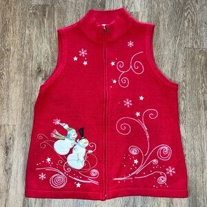 Holiday Christopher & Banks Red Zip Up Snowman / Winter Vest Size Large